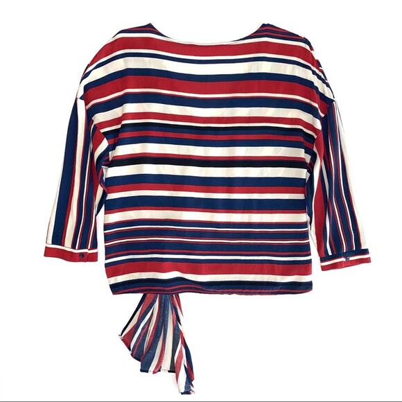 Zara Nautical Red White Blue Striped Drape Tie Waist V-Neck Top Size Small - Picture 9 of 12